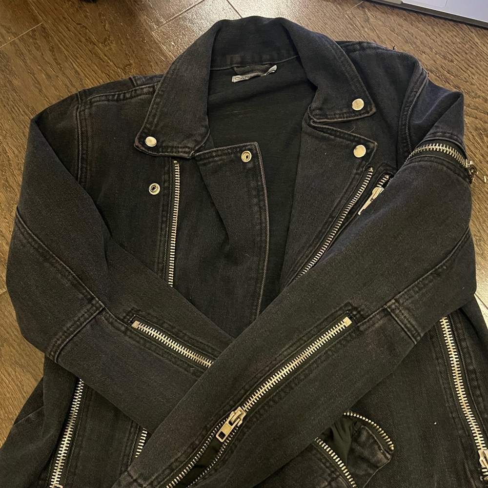 Black Denim Biker Women’s Jacket with Silver Hardware